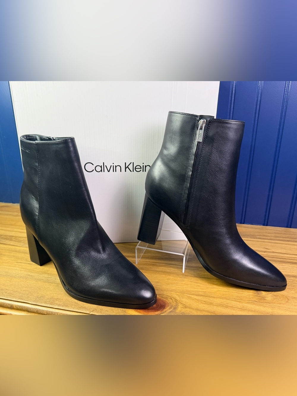 Calvin Klein Dezzi Black Leather Block Heel Ankle Booties Size 8.5 NIB